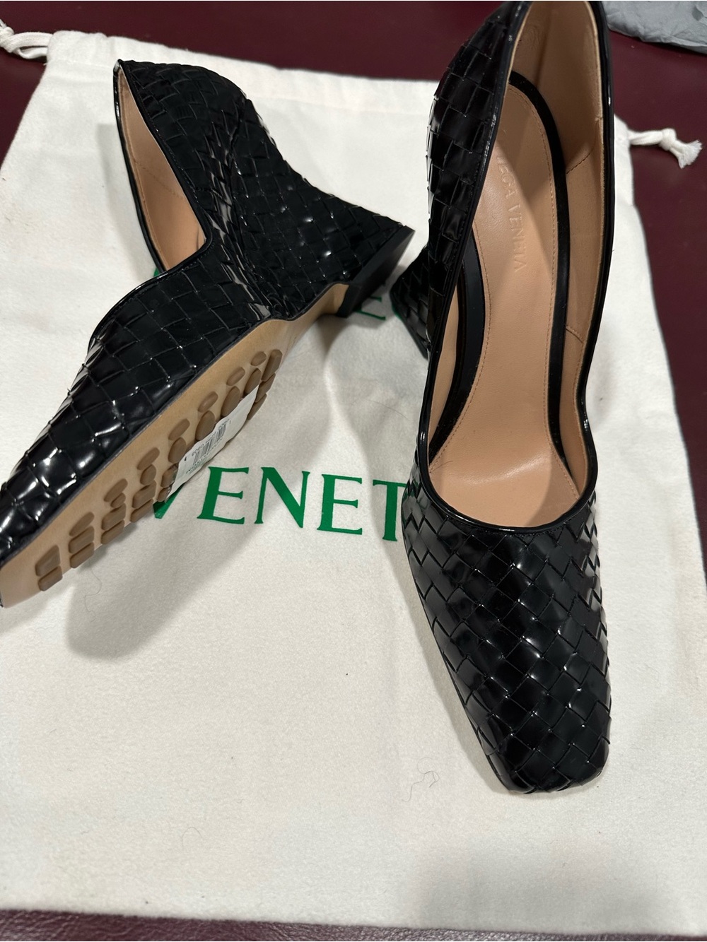Bottega Veneta Black Woven Leather Low Block Heel Pumps